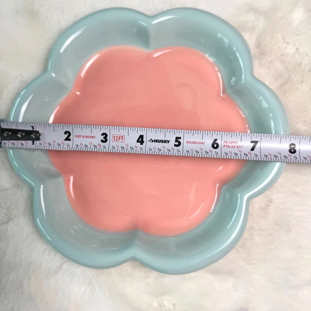 New Large Pink Blue Flower Ceramic Trinket Dish Scalloped Jewelry Tray